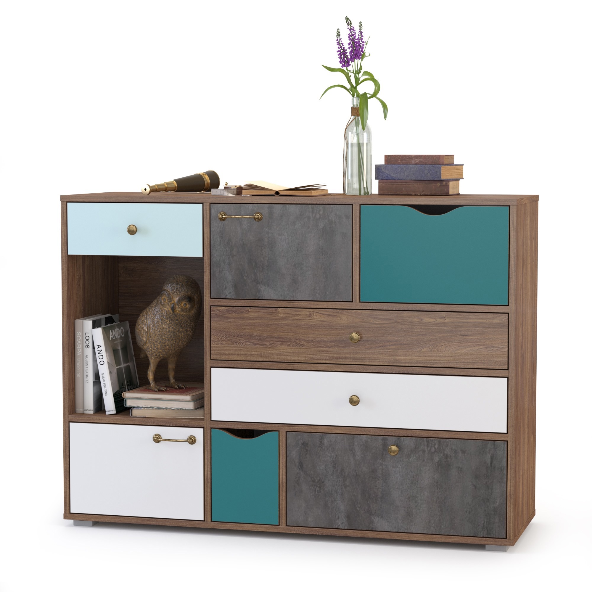 Изображение товара Комод Mobi Вайс 10.104 6 ящиков 121.2x39.9x88.8 см ЛДСП цвет винтаж/камень тёмный/бензин/белый премиум