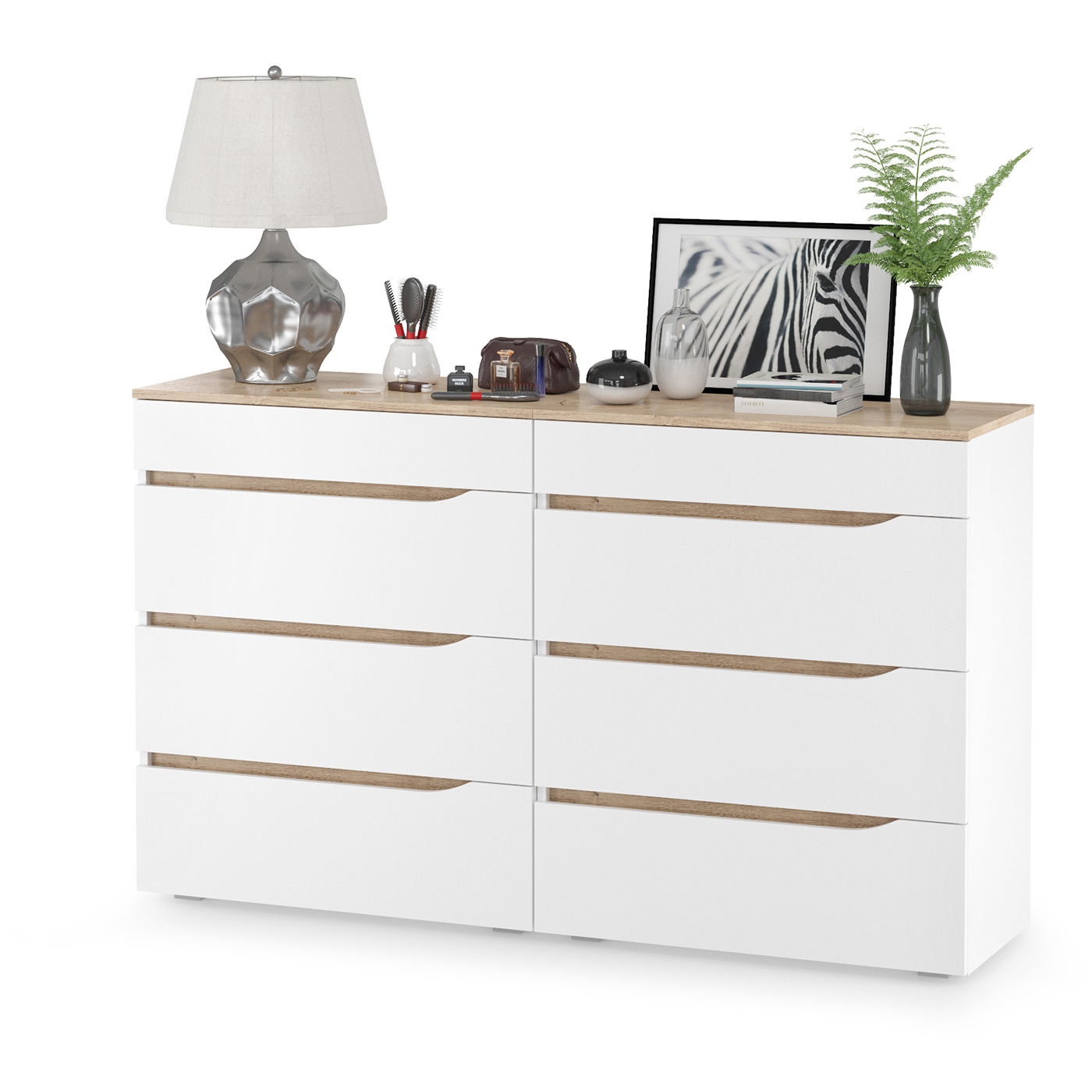 Изображение товара Комод Mobi Муссон 8 ящиков 154x39.4x92.6 см ЛДСП цвет белый/дуб эндгрейн элегантный