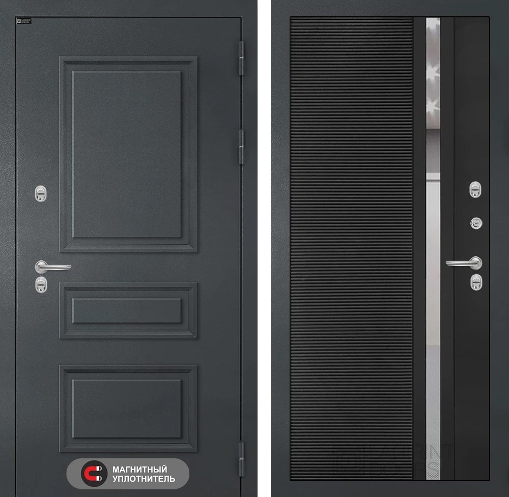 Изображение товара Входная дверь Двери Лабиринт Атлантик с панелью П31 правый 205x88см цвет шагрень RAL 7024/черный кварц с зеркалом