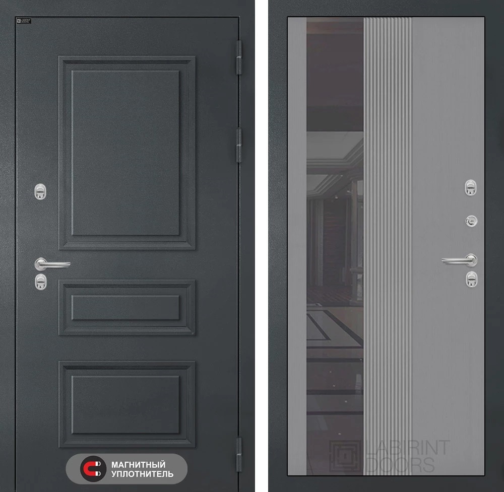 Изображение товара Входная дверь Двери Лабиринт Атлантик с панелью П32 правый 205x88см цвет шагрень RAL 7024/серый софт с зеркалом