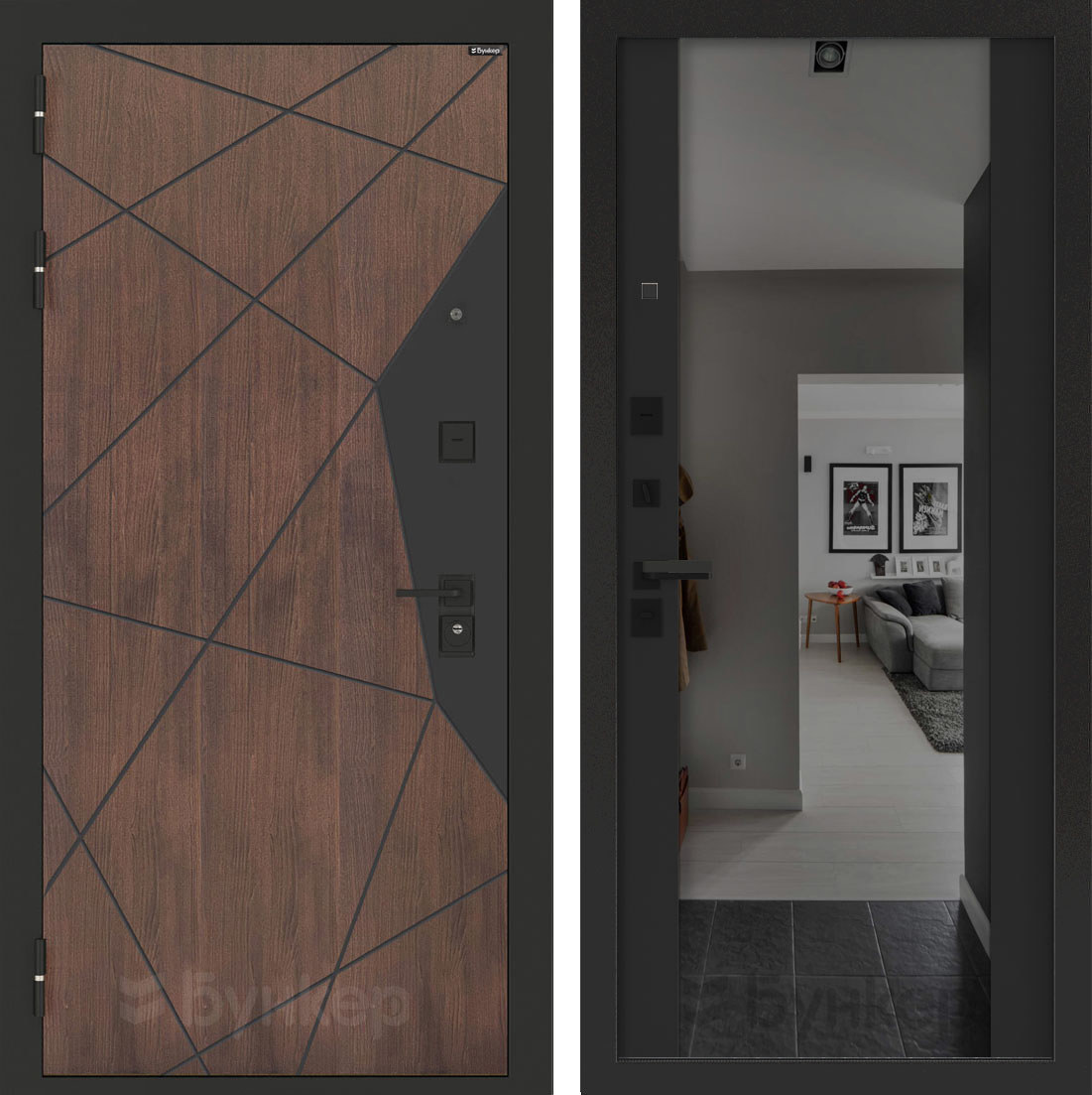 Изображение товара Входная дверь Бункер BN-14 с панелью ФЛЗ-1 левый 205x96см цвет орех американский/черный кварц с зеркалом