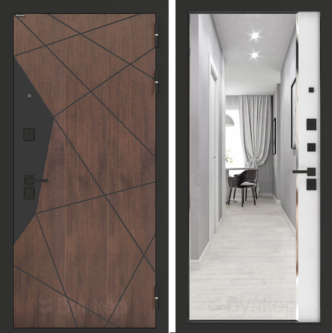 Изображение товара Входная дверь Бункер BN-14 с панелью ФЛЗ-618 правый 205x88см цвет орех американский/белый софт с зеркалом