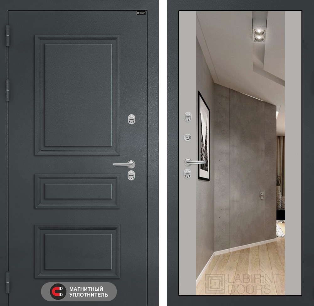 Изображение товара Входная дверь Двери Лабиринт Атлантик с панелью Максимум левый 205x88см цвет шагрень RAL 7024/грей софт с зеркалом