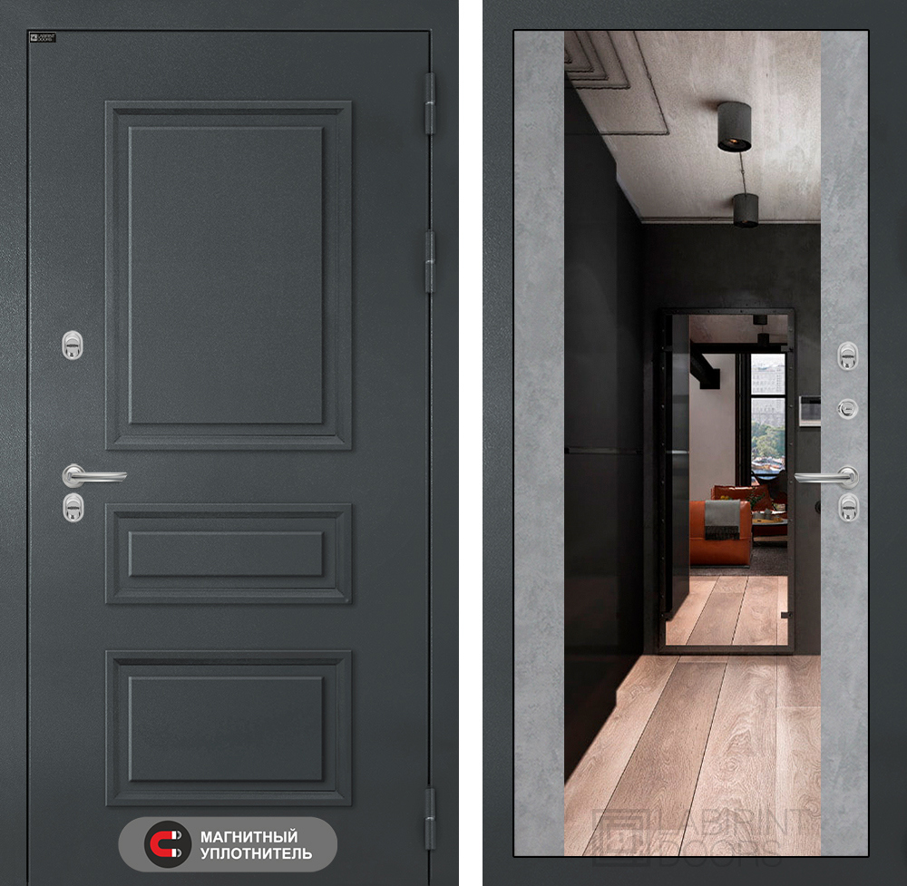 Изображение товара Входная дверь Двери Лабиринт Атлантик с панелью Максимум правый 205x96см цвет шагрень RAL 7024/бетон светлый с зеркалом