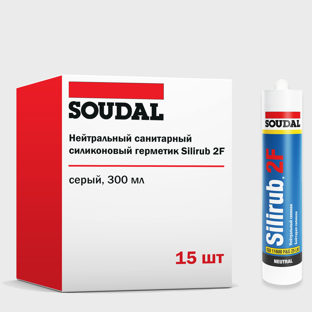 Изображение товара Герметик силиконовый Soudal Silirub 2F нейтральный санитарный серый 300 мл 15 шт