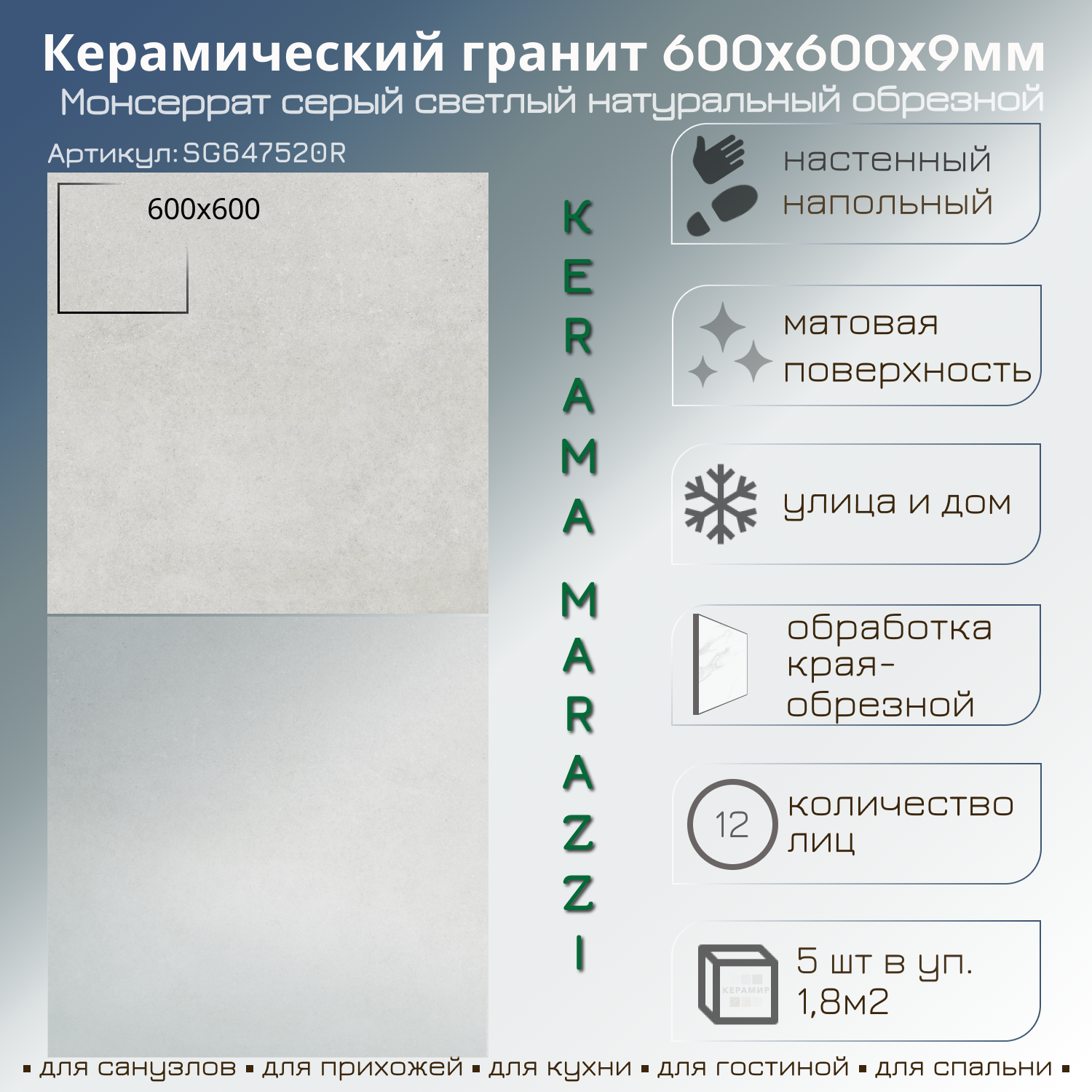 Изображение товара Керамогранит Kerama Marazzi Монсеррат SG647520R 60x60 см цвет серый