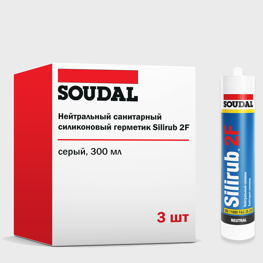 Изображение товара Герметик силиконовый Soudal Silirub 2F нейтральный санитарный серый 300 мл 3 шт
