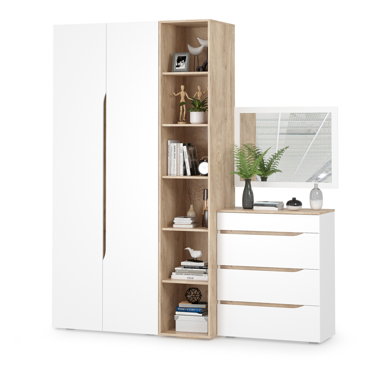 Изображение товара Шкаф распашной Mobi Муссон с 2 дверями стеллажом комодом и зеркалом 204.6x229.8x52.3 см ЛДСП цвет белый/дуб эндгрейн элегантный