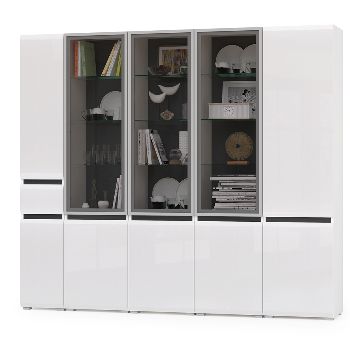 Изображение товара Набор распашных шкафов Mobi Сидней 8 дверей 235x205.2x41.3 см ЛДСП цвет белый/чёрный/белый глянец