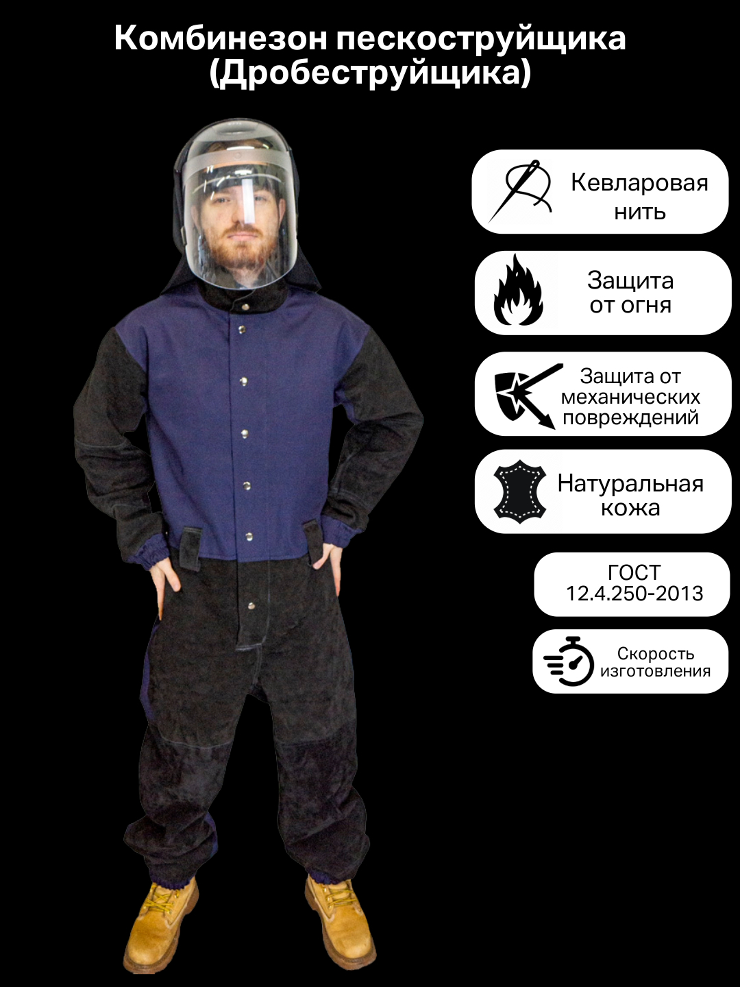Изображение товара Комбинезон пескоструйщика рабочий Ксм черно-синий размер 48-50 рост 182-188 см
