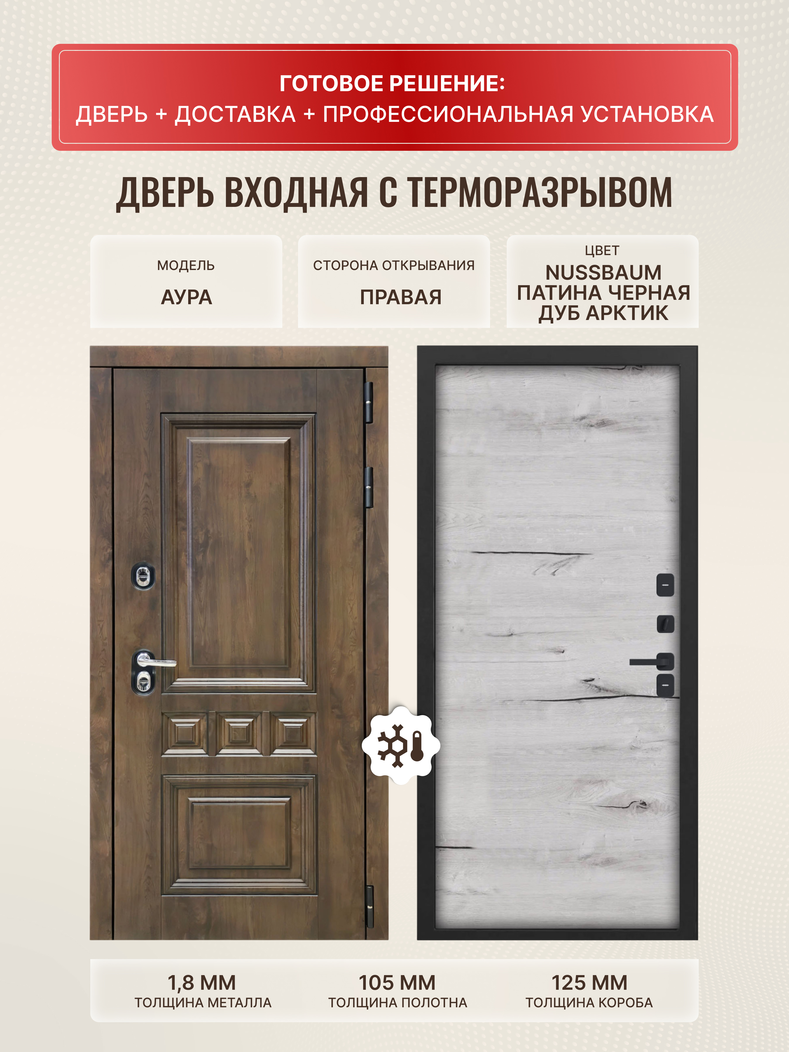 Изображение товара Входная дверь ДВЕРИПРО Термо L Аура Правый, 205x86 см, Nussbaum/патина черная