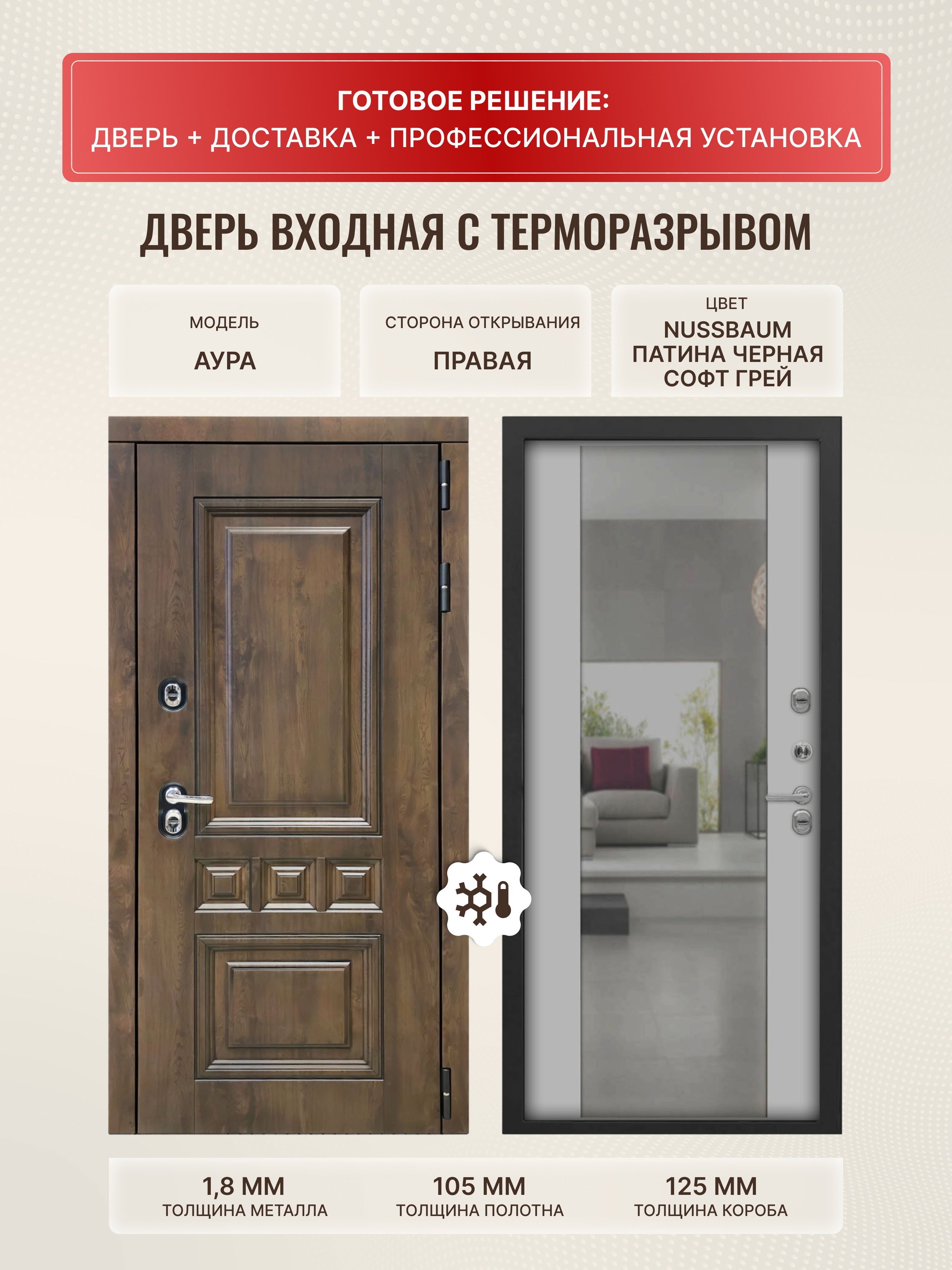 Изображение товара Входная дверь ДВЕРИПРО Термо L Аура 205x96 правый, Nussbaum/Софт грей, 3 класса взломостойкости