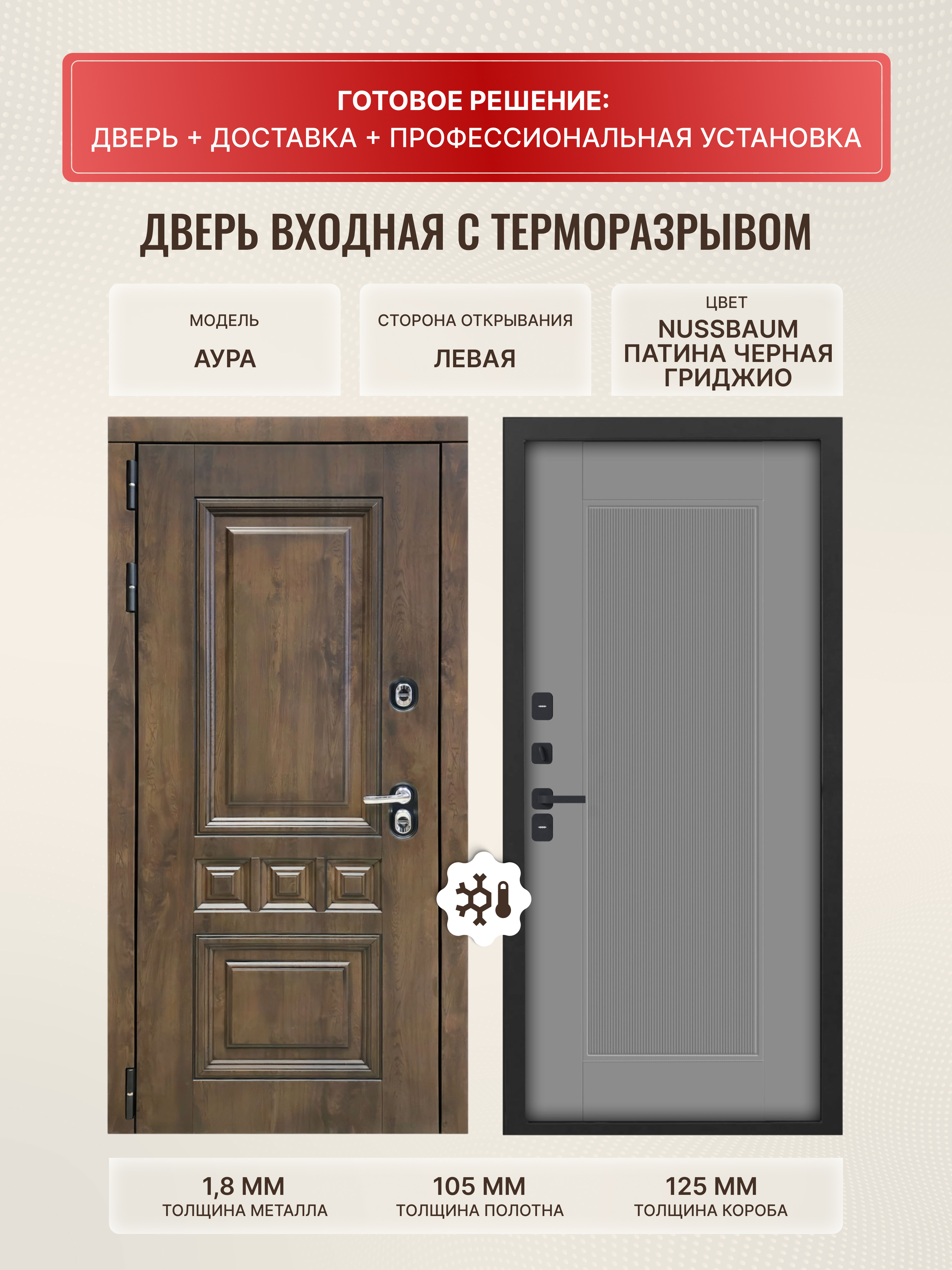 Изображение товара Входная дверь Дверипро Термо L Аура левый 205x86см цвет гриджио/nussbaum и патина черная