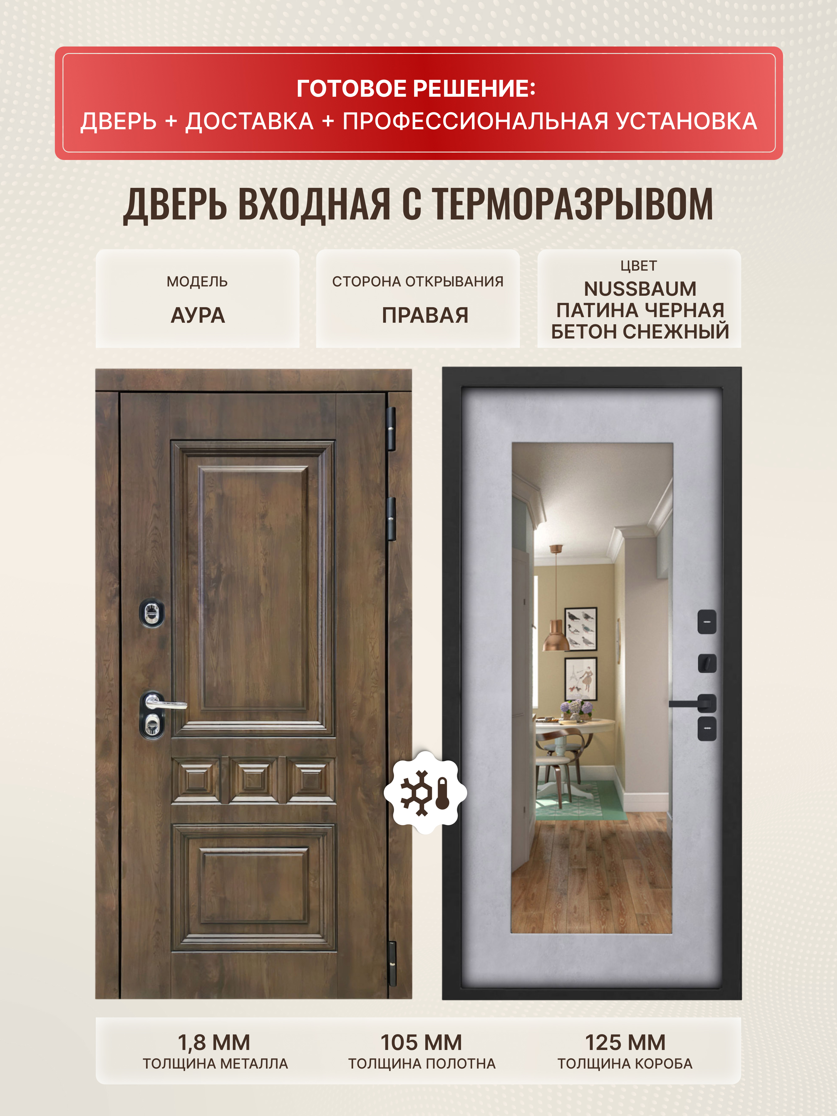 Изображение товара Входная дверь ДВЕРИПРО Термо L Аура 205x86 см правый с терморазрывом, Nussbaum/бетон снежный