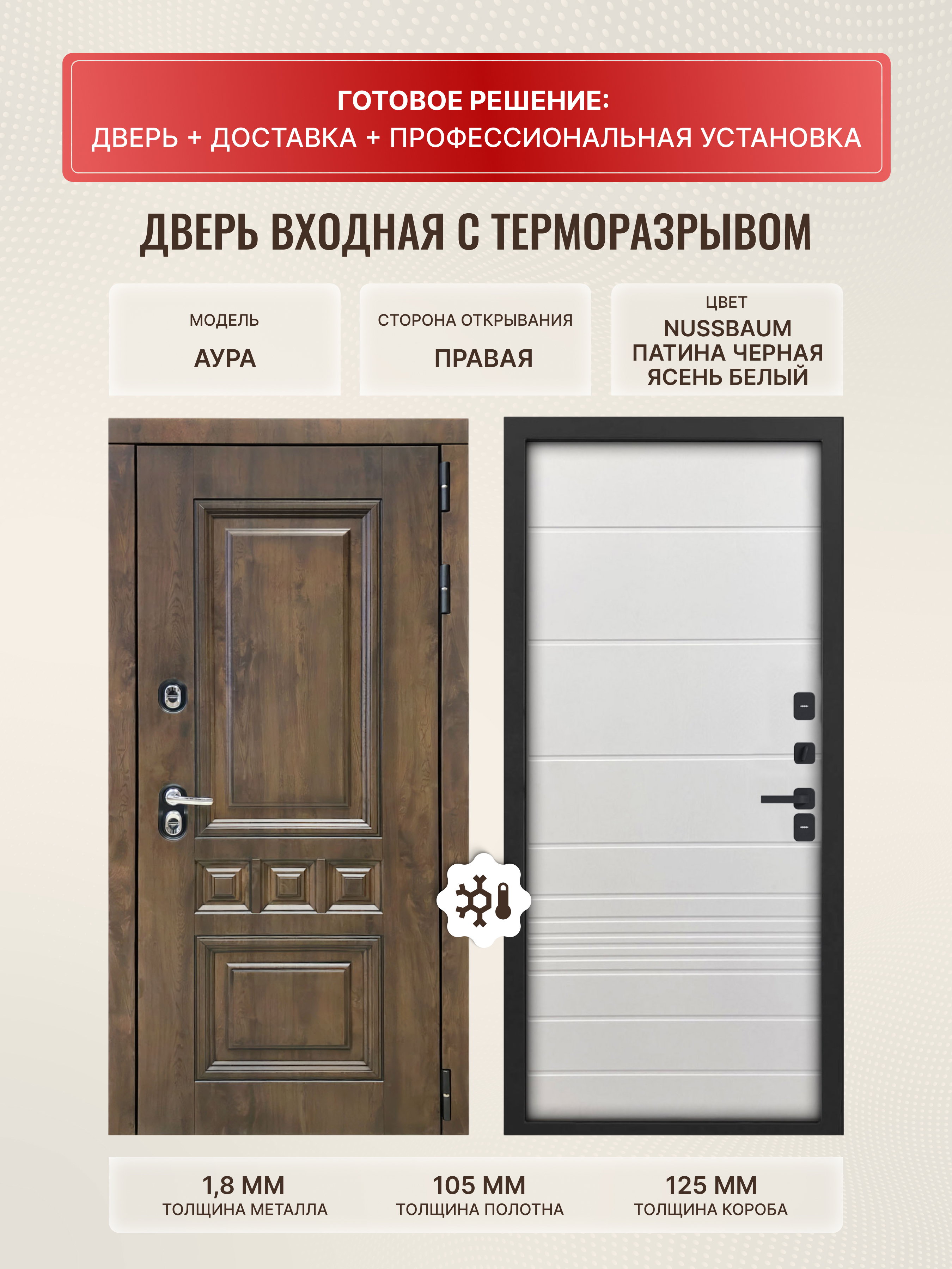 Изображение товара Входная дверь Дверипро Термо L Аура правый 205x96см цвет ясень белый/nussbaum и патина черная