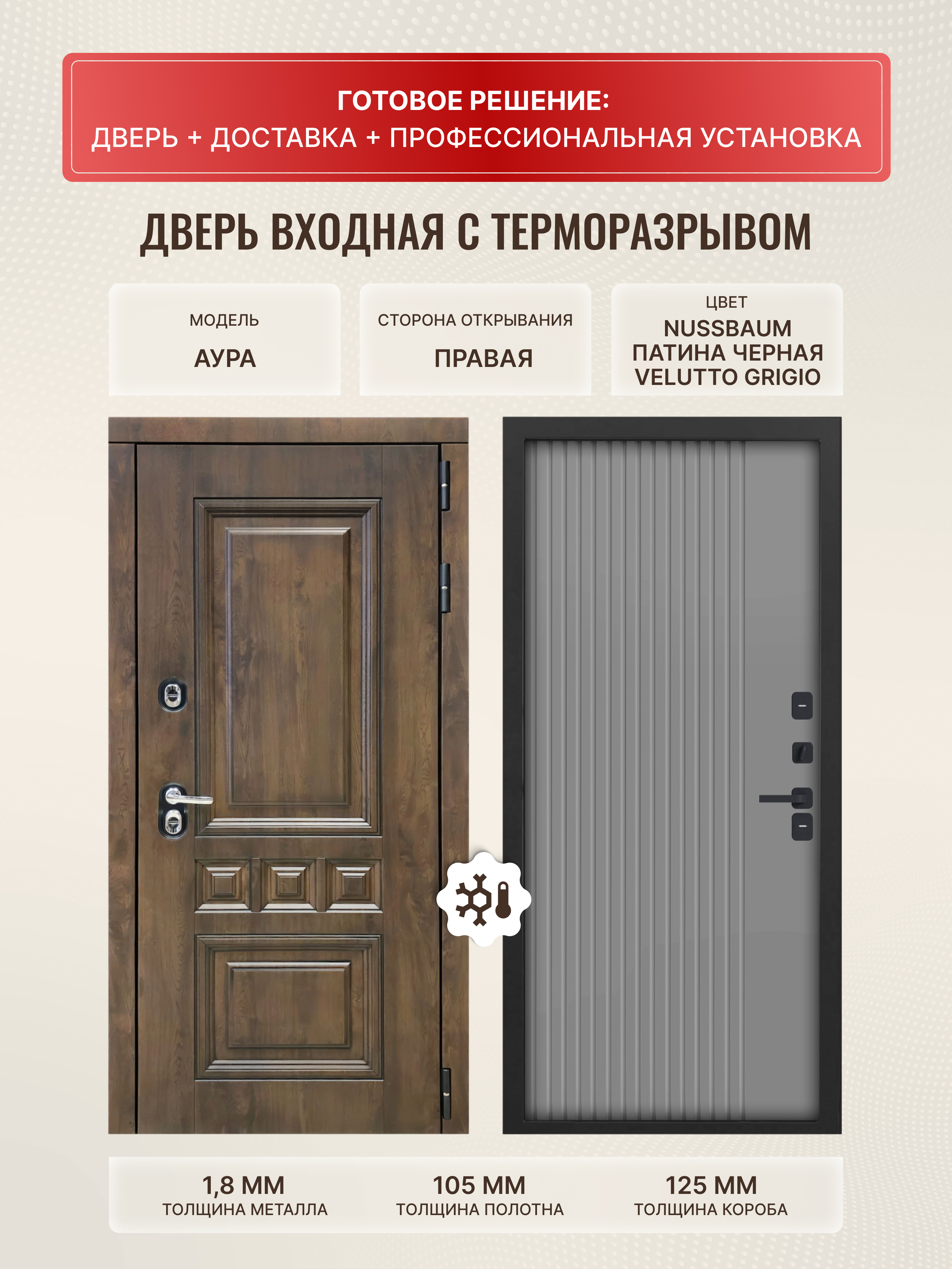 Изображение товара Входная дверь ДВЕРИПРО Термо L Аура Правый 205x86 см, Nussbaum/Velutto Grigio