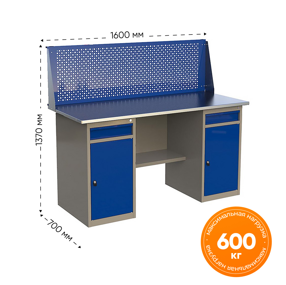 Изображение товара Верстак двухтумбовый с экраном Ironmebel M-ML1ML1MDCE1600 1600x1600x855 мм максимальная нагрузка 600 кг