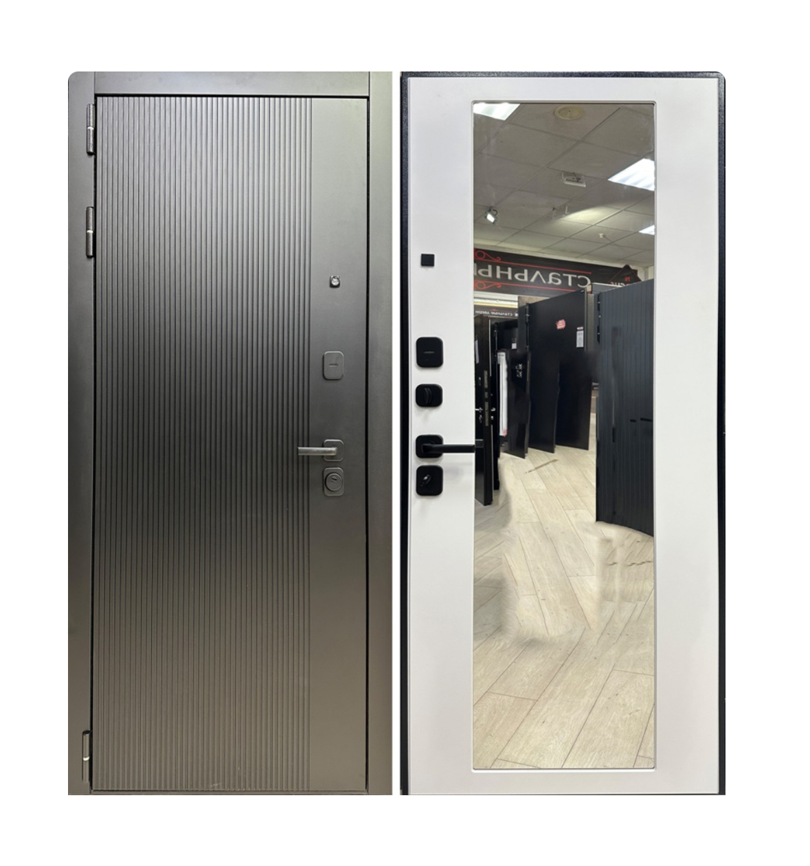 Изображение товара Входная дверь Marcus Дублин левый 205x86см цвет белый матовый/шагрень черная 9005 с зеркалом