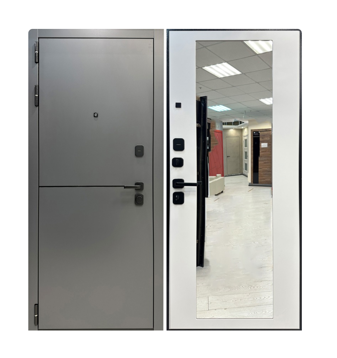 Изображение товара Входная дверь Marcus Парма левый 205x86см цвет белый матовый/шагрень черная с зеркалом