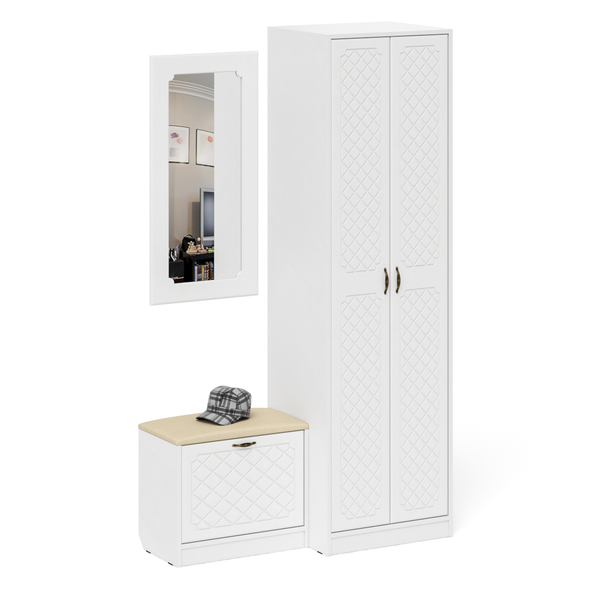 Изображение товара Комплект мебели для прихожей Мебельный двор № 11-Ромб 120x210x50 см ЛДСП цвет белый шагрень/белое дерево