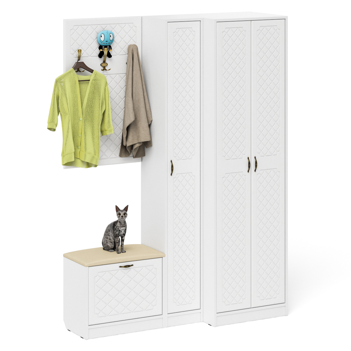 Изображение товара Комплект мебели для прихожей Мебельный двор № 27-Ромб 150x210x50 см ЛДСП цвет белый шагрень/белое дерево