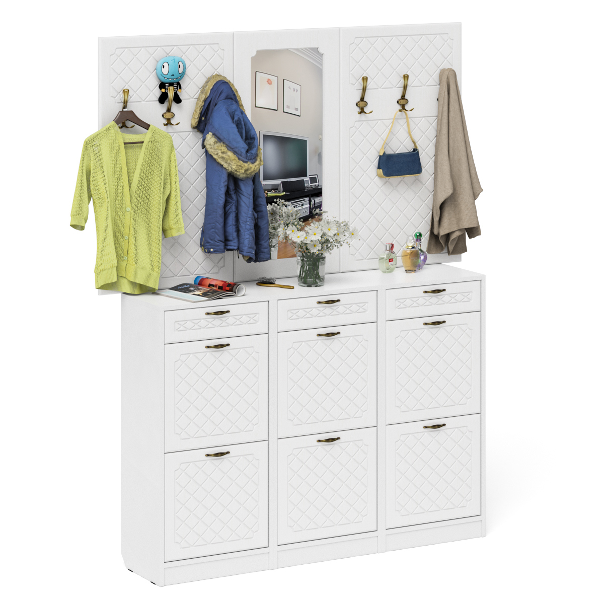 Изображение товара Комплект мебели для прихожей Мебельный двор № 06-Ромб 170x200x35 см ЛДСП цвет белый шагрень/белое дерево