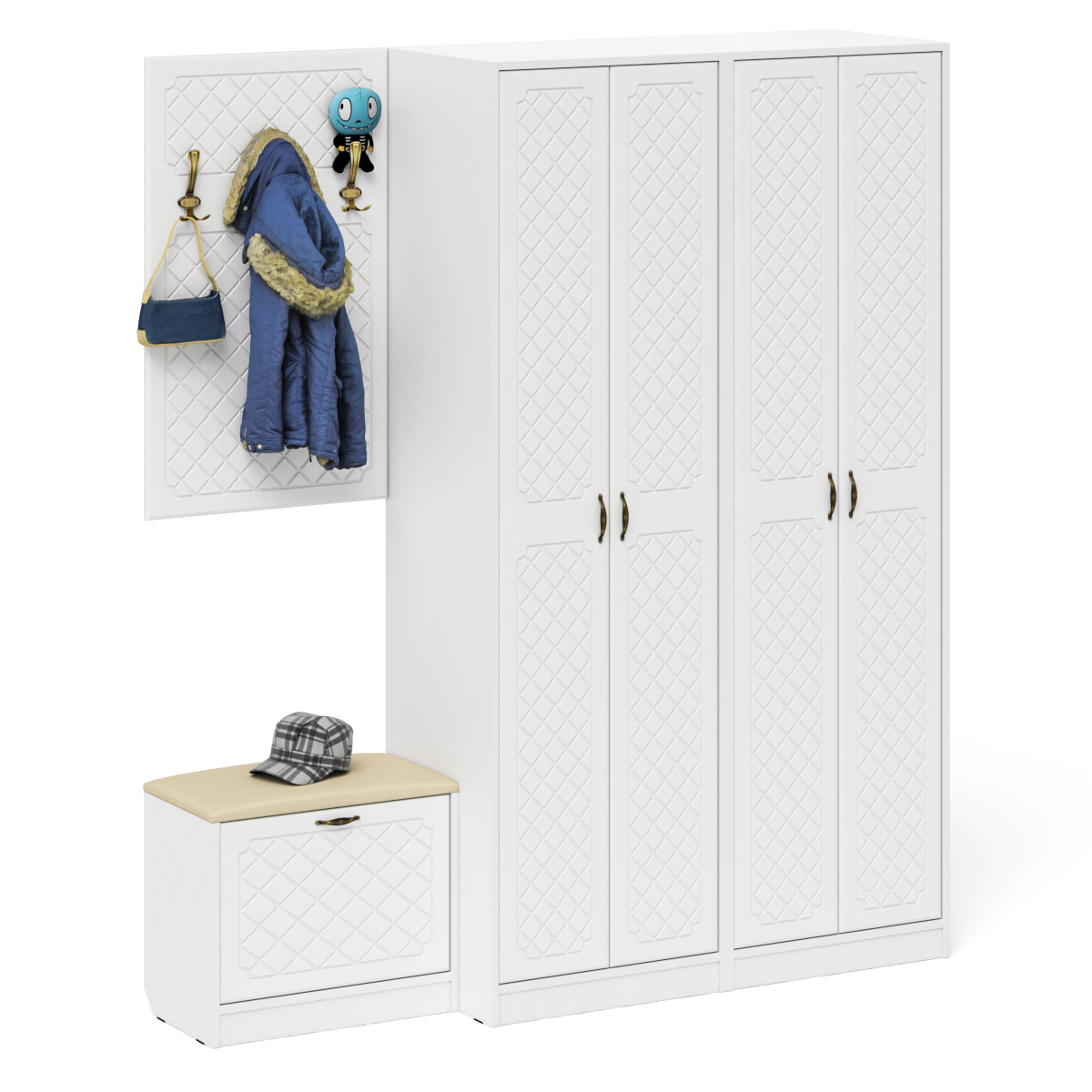 Изображение товара Комплект мебели для прихожей Мебельный двор № 09-Ромб 180x210x35 см ЛДСП цвет белый шагрень/белое дерево