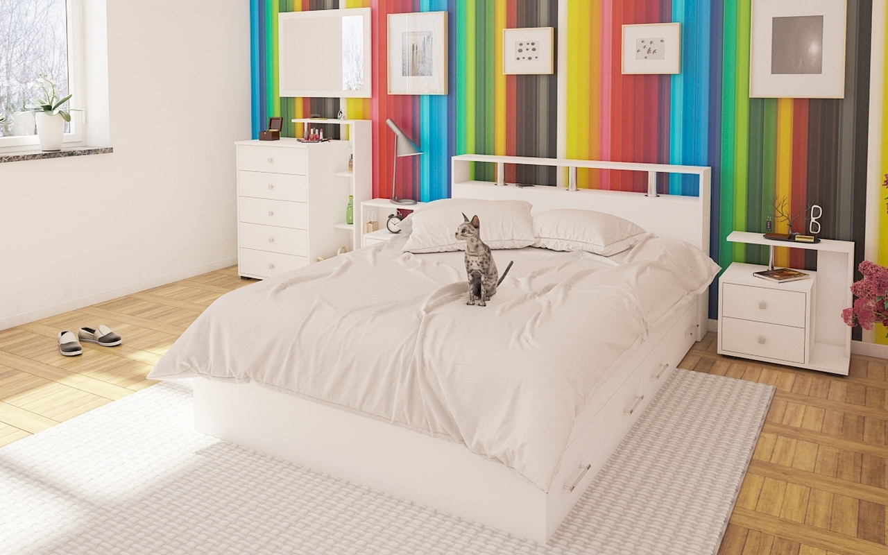 Изображение товара Кровать Камелия № 12 СВК — Белая с тумбами и зеркалом, 140x200 см