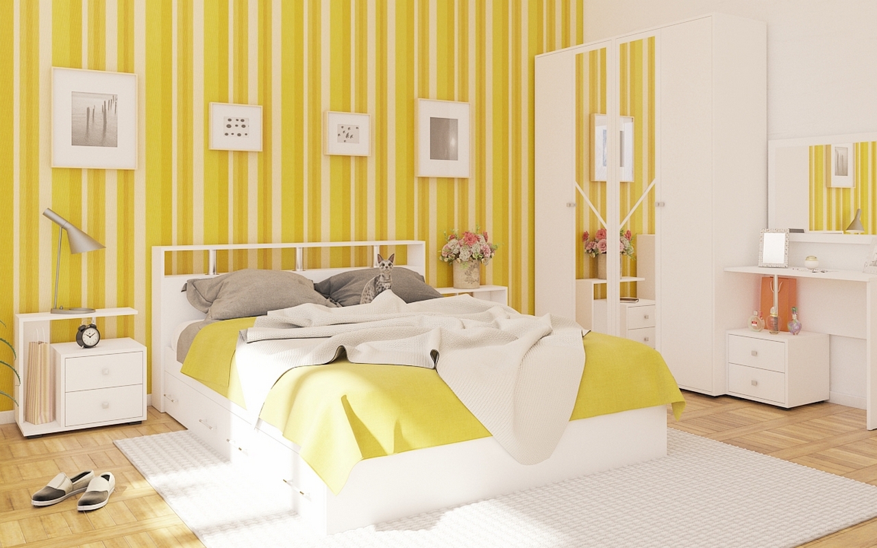 Изображение товара Кровать СВК Камелия № 9 Белый with Бельевые ящики, ШК 2 тумбы и шкаф 4-х створчатый