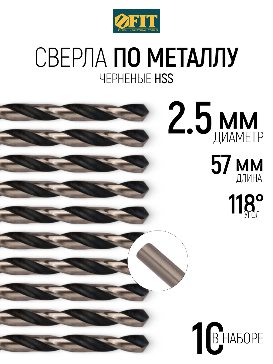 Изображение товара Сверло FIT 33525 2,5 мм 57 мм HSS чернение
