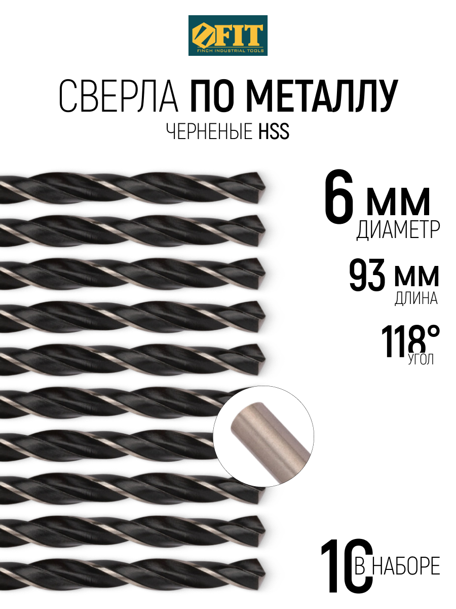 Изображение товара Сверло по цветному металлу FIT 33560 2 мм 93 мм (10 шт) с HSS и чернением