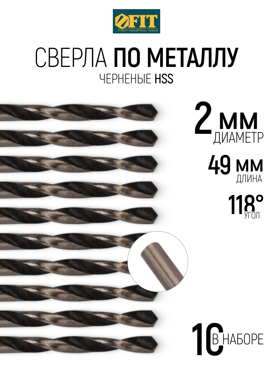 Изображение товара Сверло спиральное по металлу FIT 2x49 мм 33520 (10 шт) с черненым покрытием
