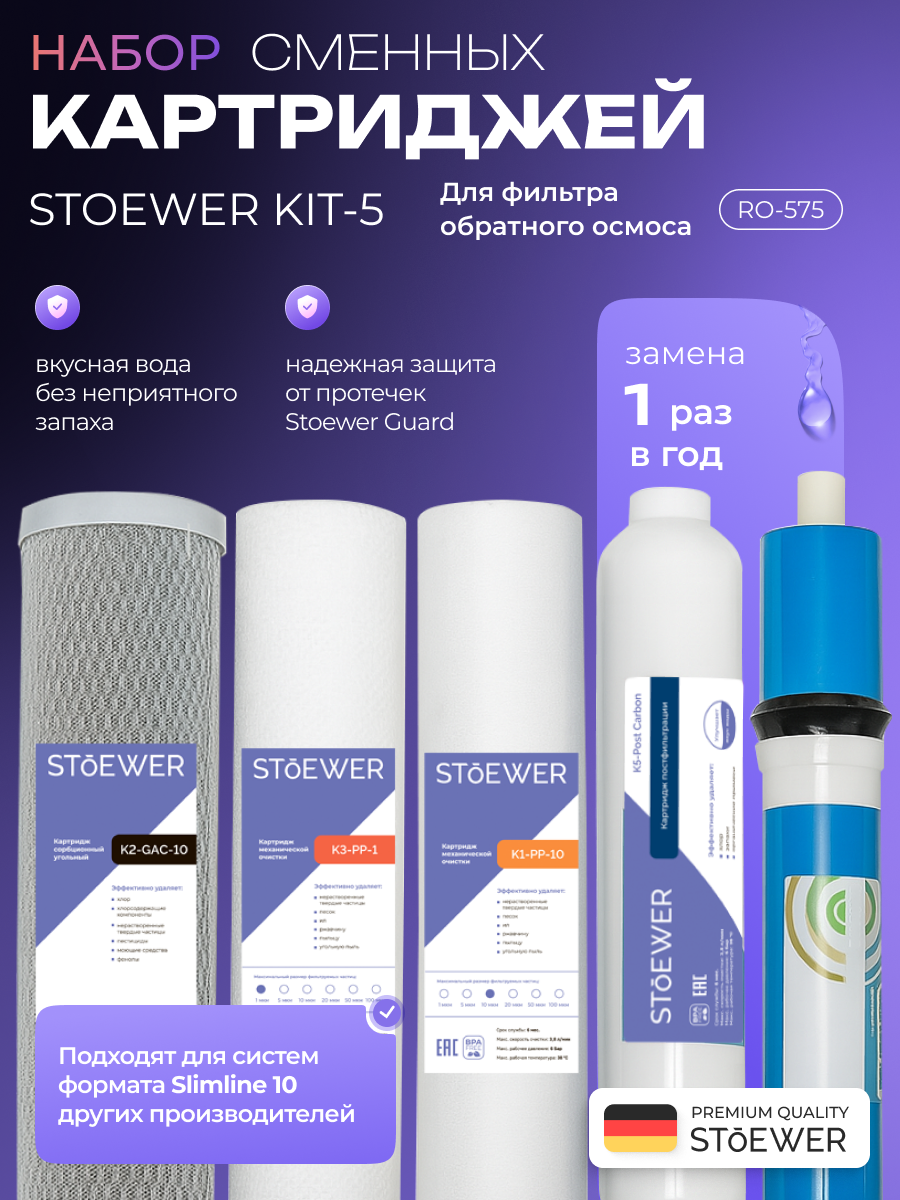 Изображение товара Комплект картриджей для обратного осмоса Stoewer Kit-5 5 ступеней с минерализатором и мембраной
