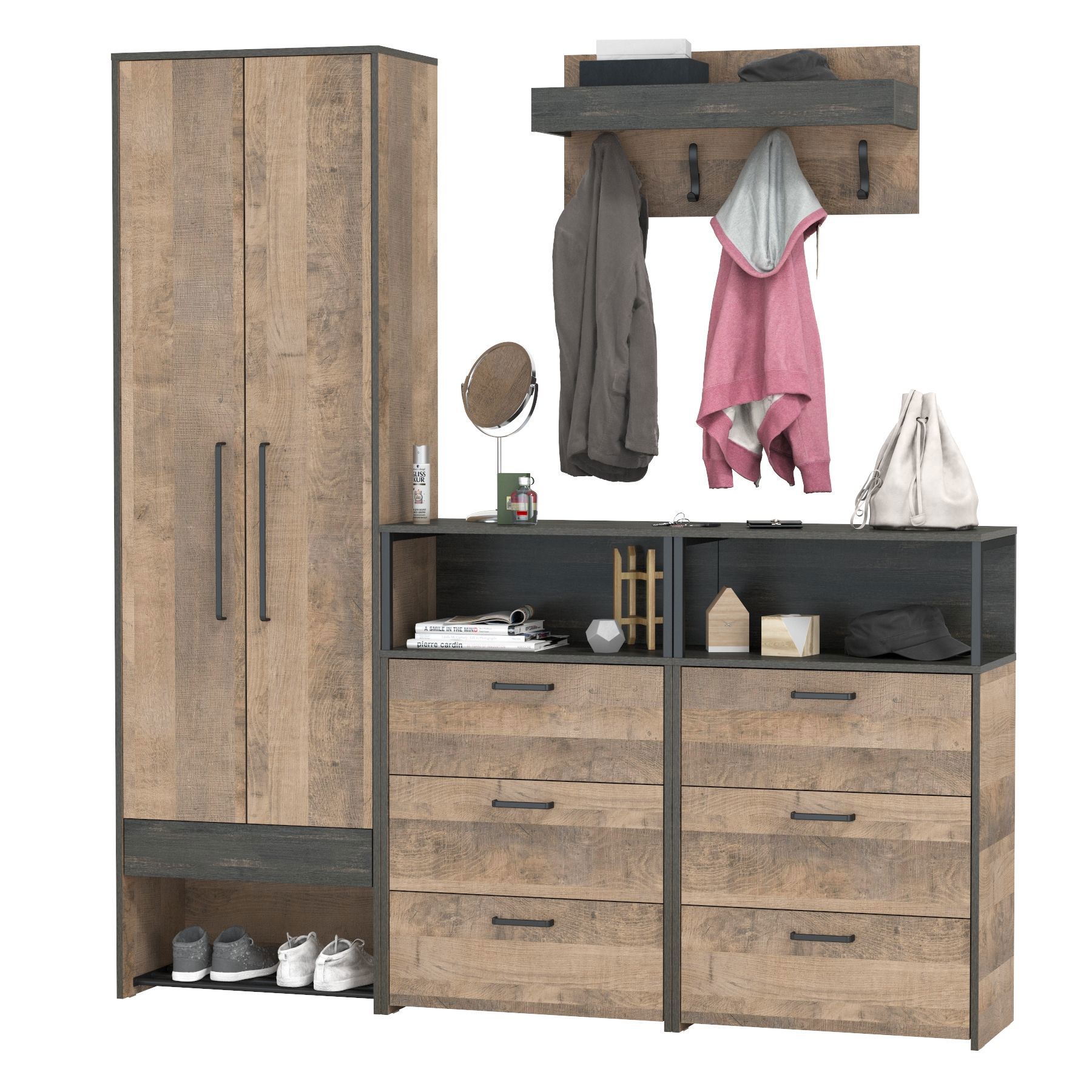 Изображение товара Комплект мебели для прихожей Mobi Трувор № 207 159x210x37 см ЛДСП цвет дуб гранж песочный/интра Изображение товара Комплект мебели для прихожей Mobi Трувор № 207 159x210x37 см ЛДСП цвет дуб гранж песочный/интра