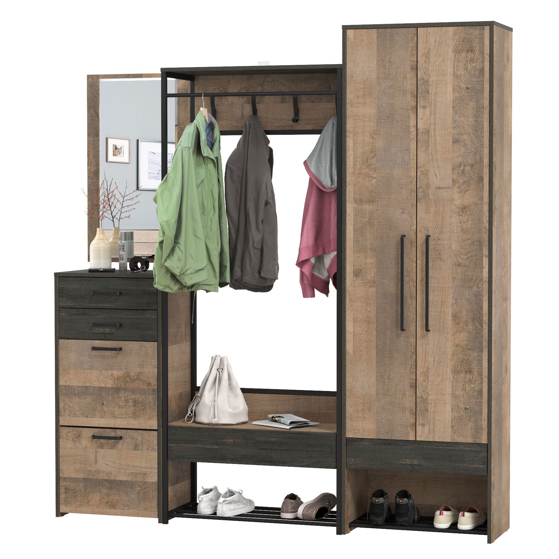 Изображение товара Комплект мебели для прихожей Mobi Трувор № 232 159x210x37 см ЛДСП цвет дуб гранж песочный/интра