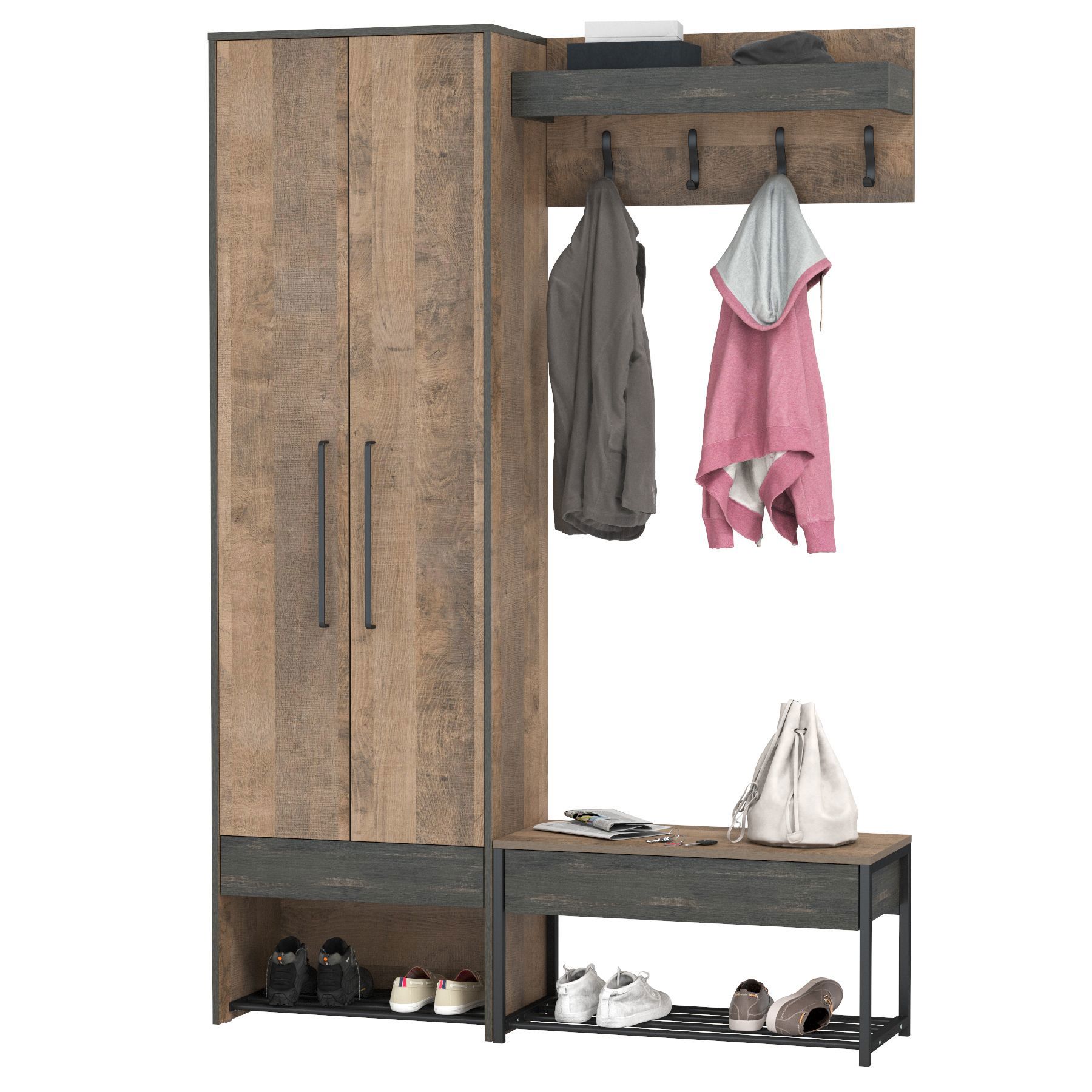 Изображение товара [Шкаф] MOBI Трувор №197 Дуб гранж песочный/интра — прихожий комплект с обувницей и вешалкой