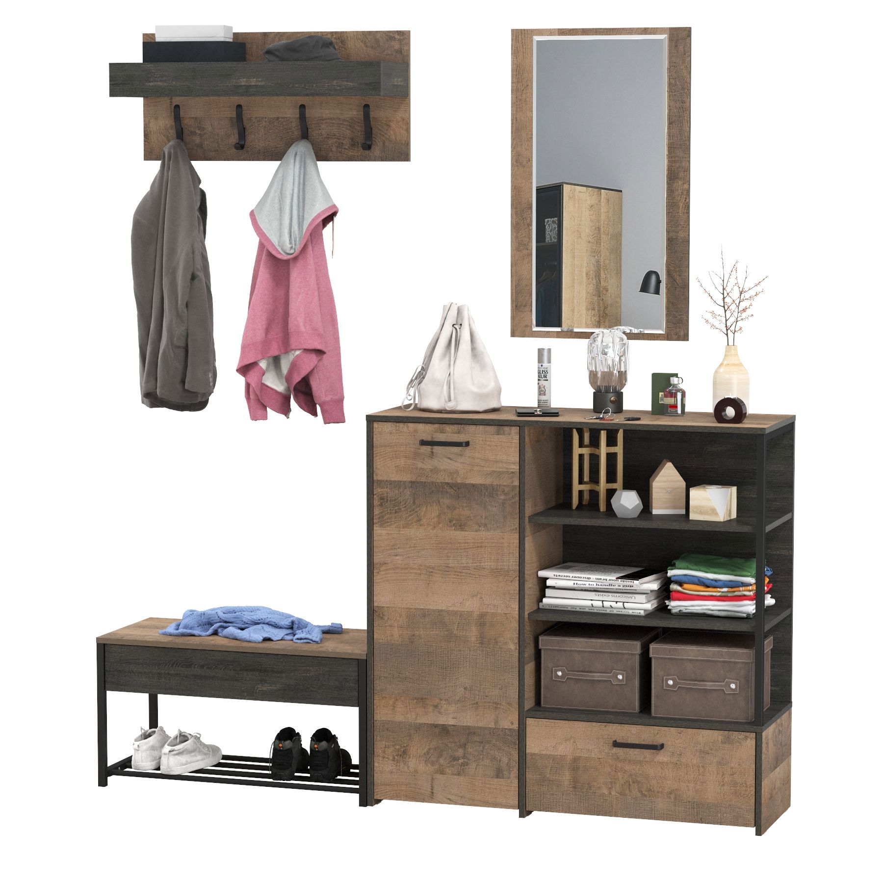 Изображение товара Комплект мебели для прихожей Mobi Трувор № 188 159x195x36.9 см ЛДСП цвет дуб гранж песочный/интра