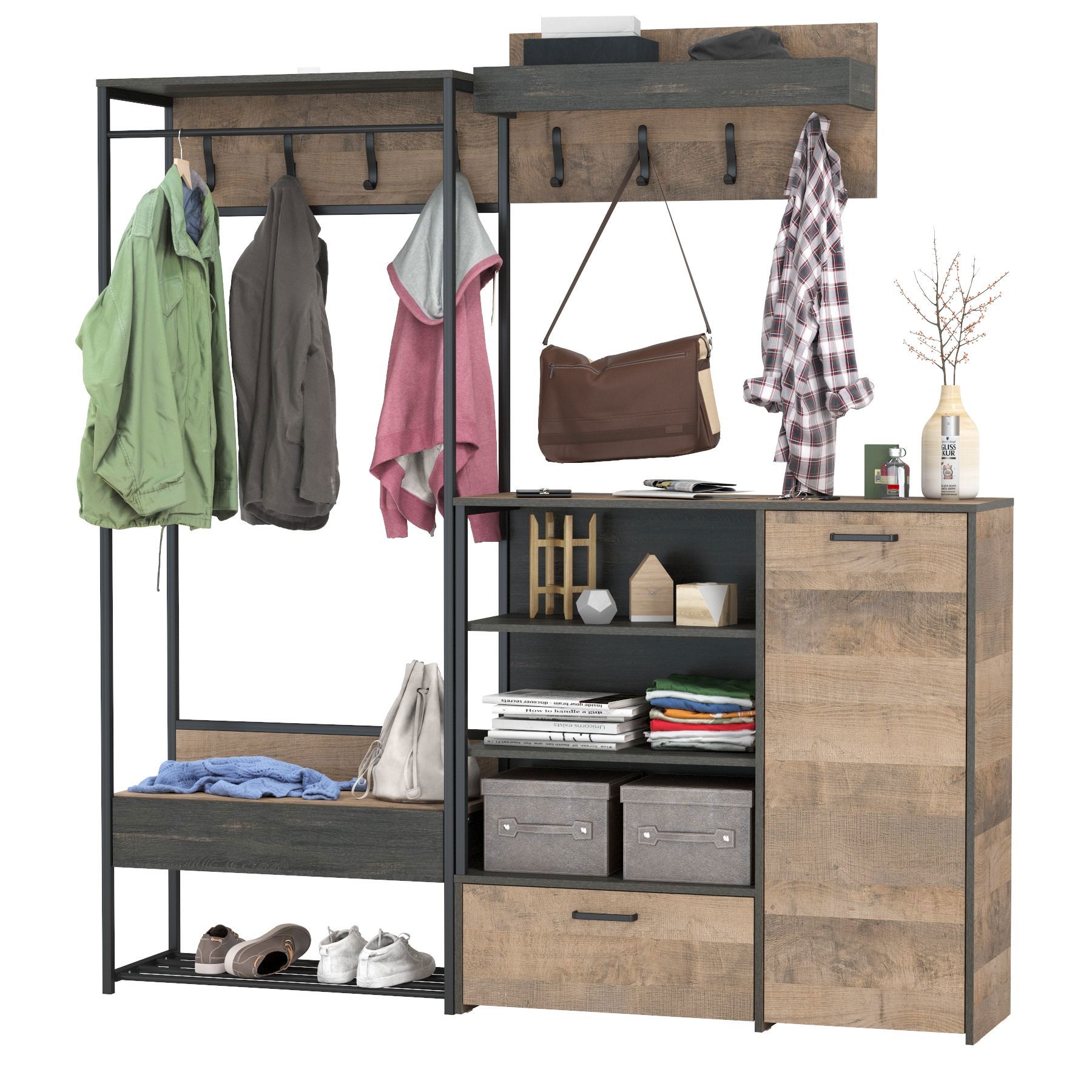 Изображение товара Комплект мебели для прихожей Mobi Трувор № 217 159x194.2x36.6 см ЛДСП цвет дуб гранж песочный/интра