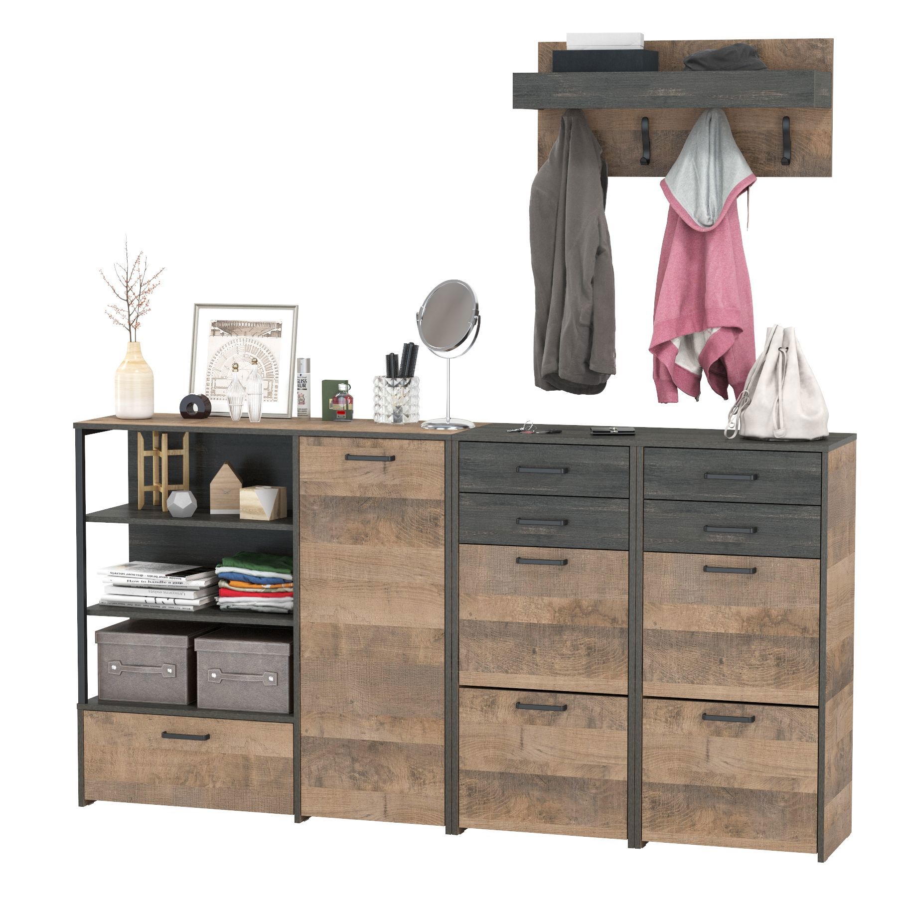 Изображение товара Комплект мебели для прихожей Mobi Трувор № 156 159x195x37 см ЛДСП цвет дуб гранж песочный/интра