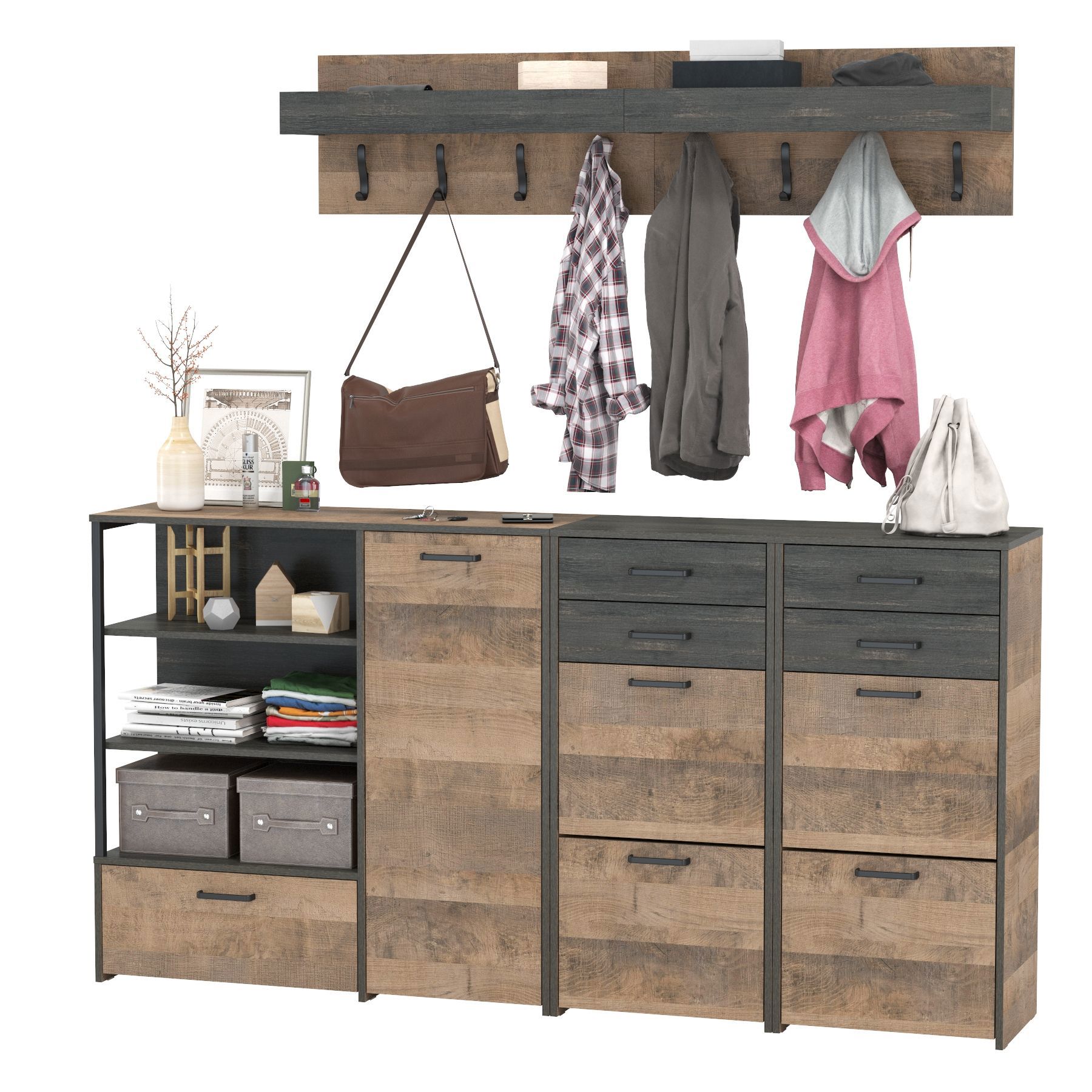 Изображение товара Мебель для прихожей MOBI Трувор №162: двустворчатый комод, обувницы и навесные вешалки