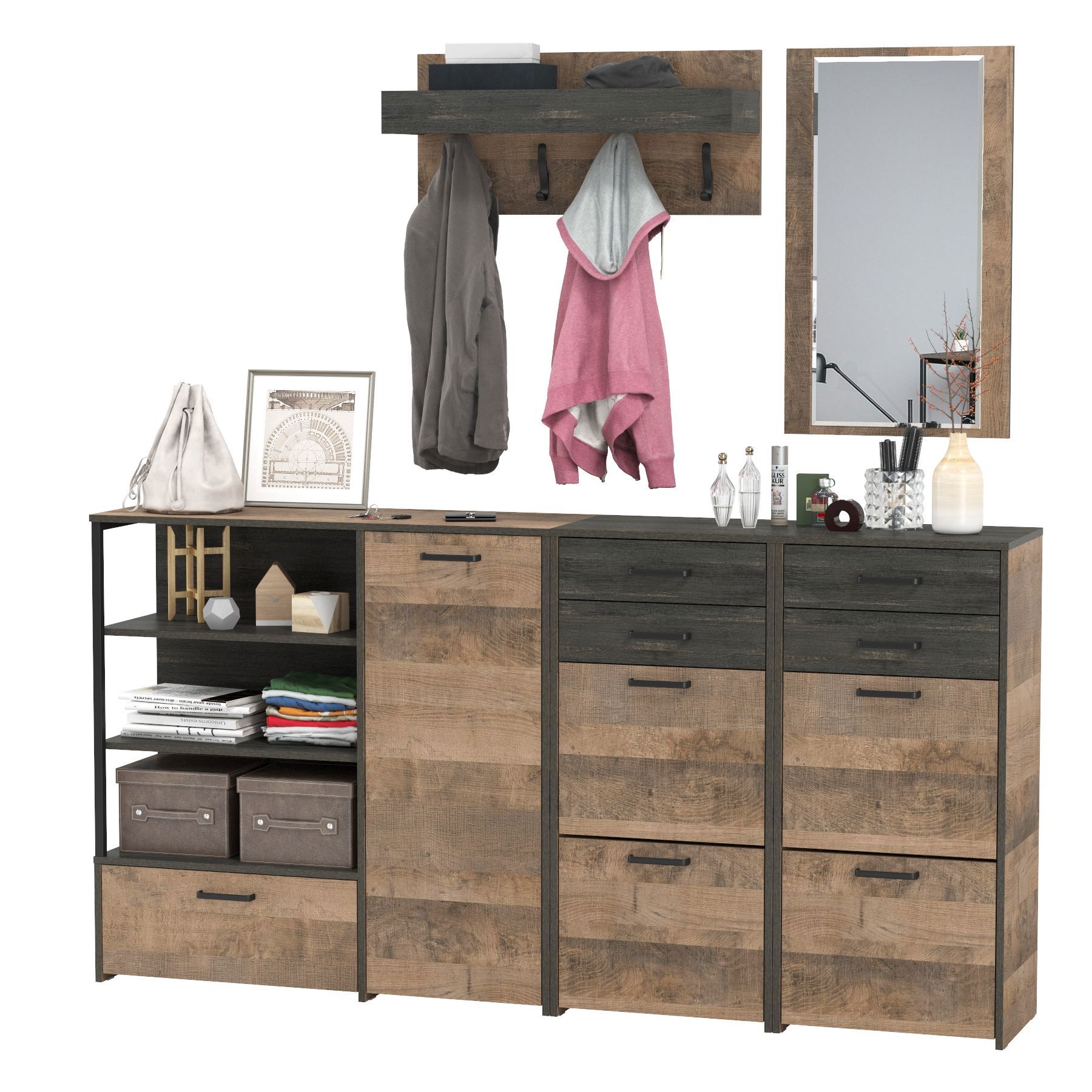 Изображение товара Повседневная прихожая MOBI Трувор №167: комплект мебели с зеркалом, обувницами и вешалкой