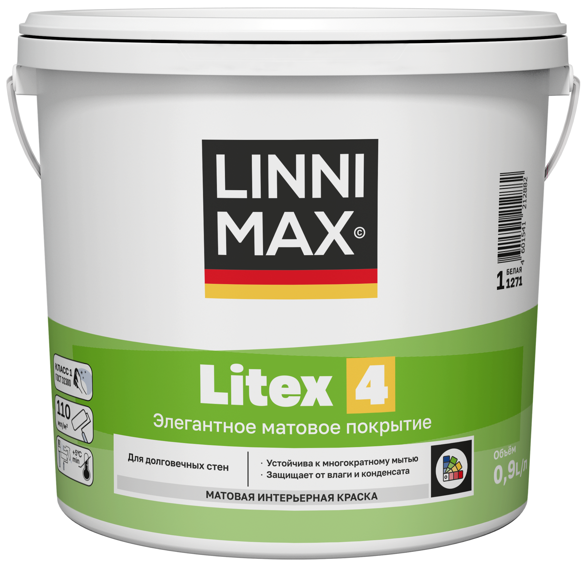 Изображение товара Краска для внутренних покрытий моющаяся Linnimax Litex 4 Б1 матовая цвет белый база А 0.9 л