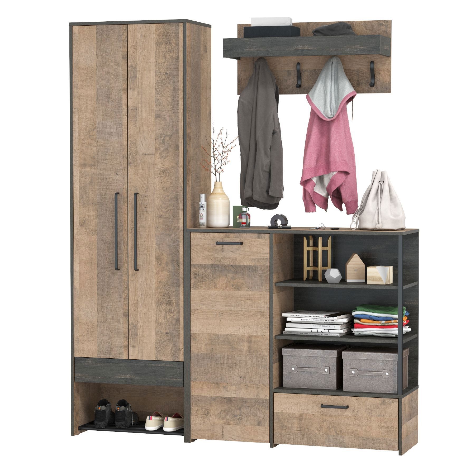 Изображение товара Комплект мебели для прихожей Mobi Трувор № 201 159x210x37 см ЛДСП цвет дуб гранж песочный/интра