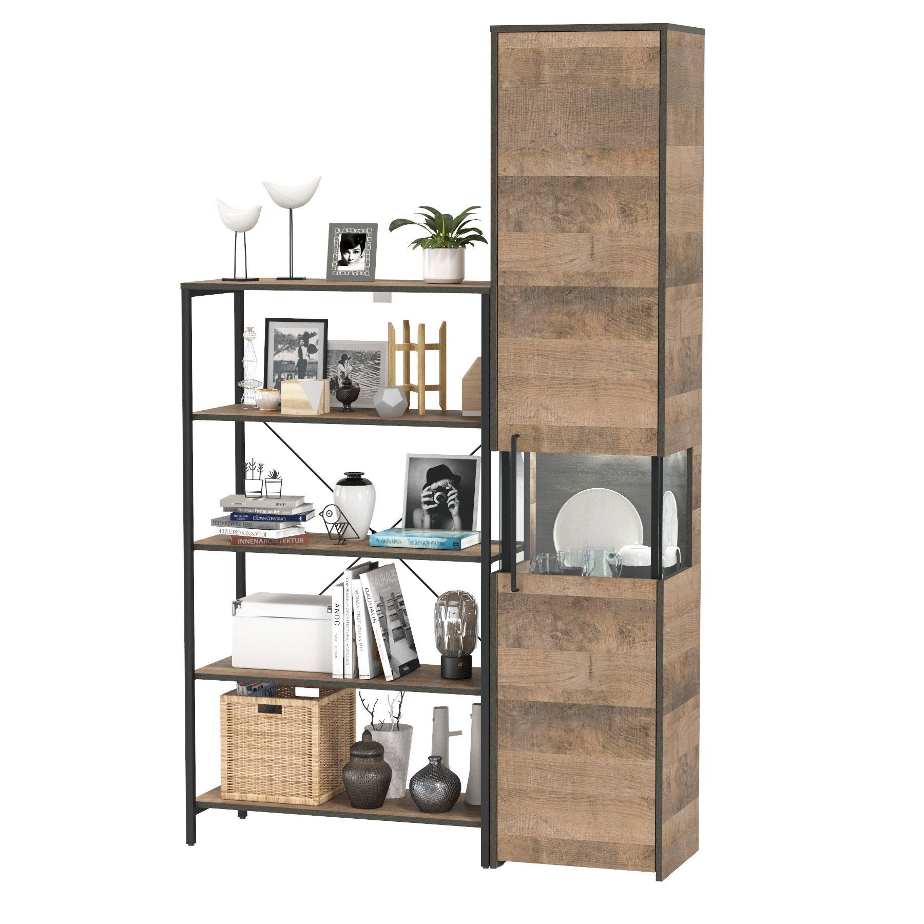 Изображение товара Шкаф-пенал с витриной и стеллажом MOBI Трувор 13.151.01+13.205 210 см