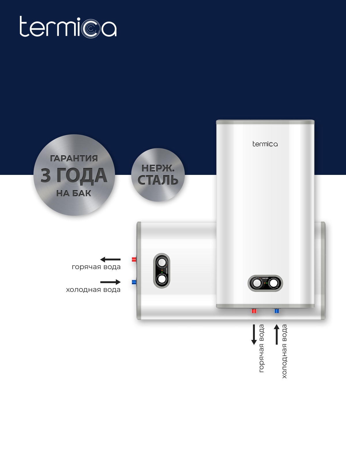 Изображение товара Накопительный водонагреватель электрический 80 л Termica Nemo 80 inox 2 кВт нержавеющая сталь сухой ТЭН