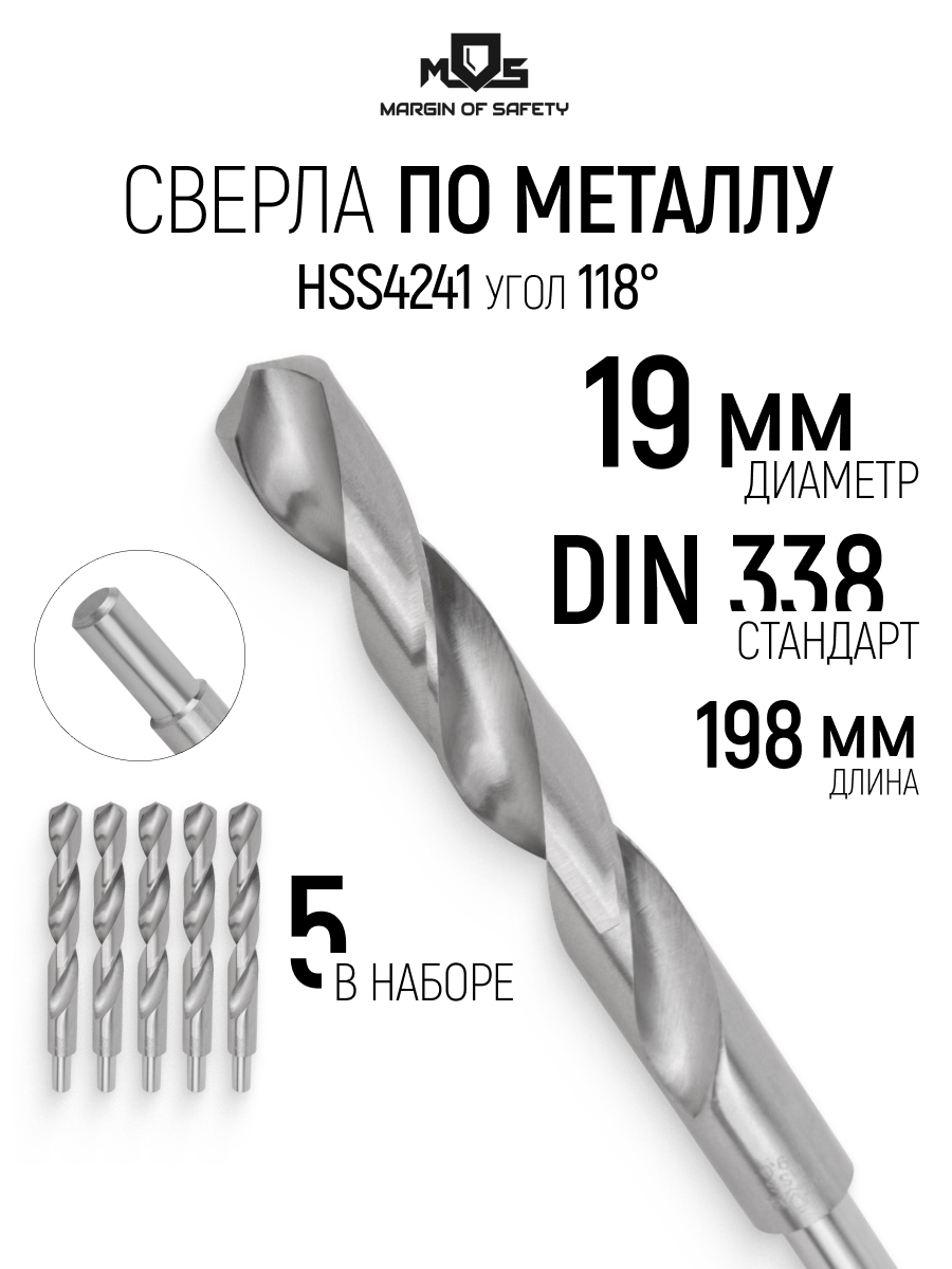 Изображение товара Сверло спиральное по металлу HSS Mos 35594М 19x198 мм, 5 шт Изображение товара Сверло спиральное по металлу HSS Mos 35594М 19x198 мм, 5 шт