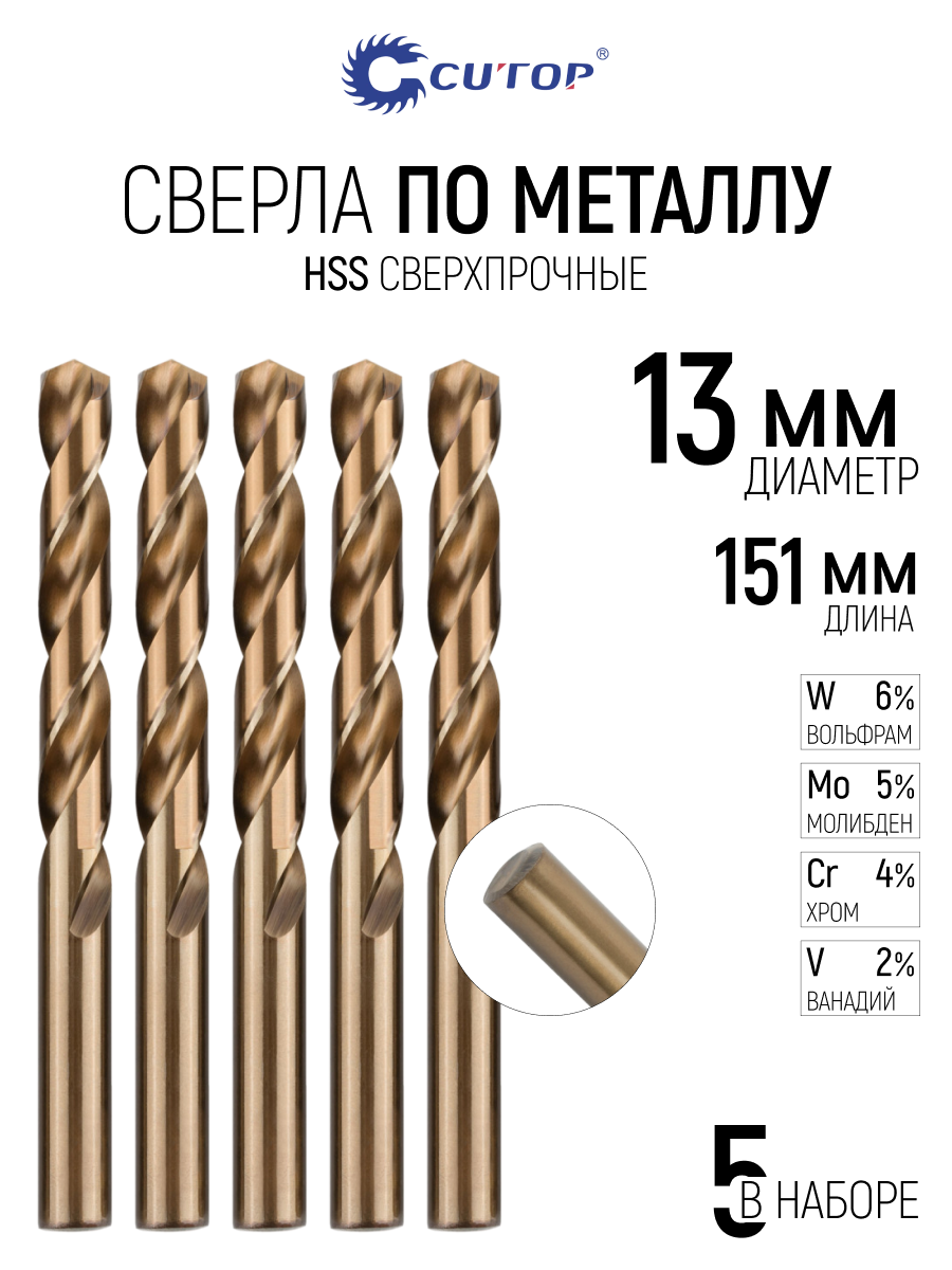 Изображение товара Сверло спиральное по металлу HSS Cutop 53-461 13x151 мм, 5 шт Изображение товара Сверло спиральное по металлу HSS Cutop 53-461 13x151 мм, 5 шт