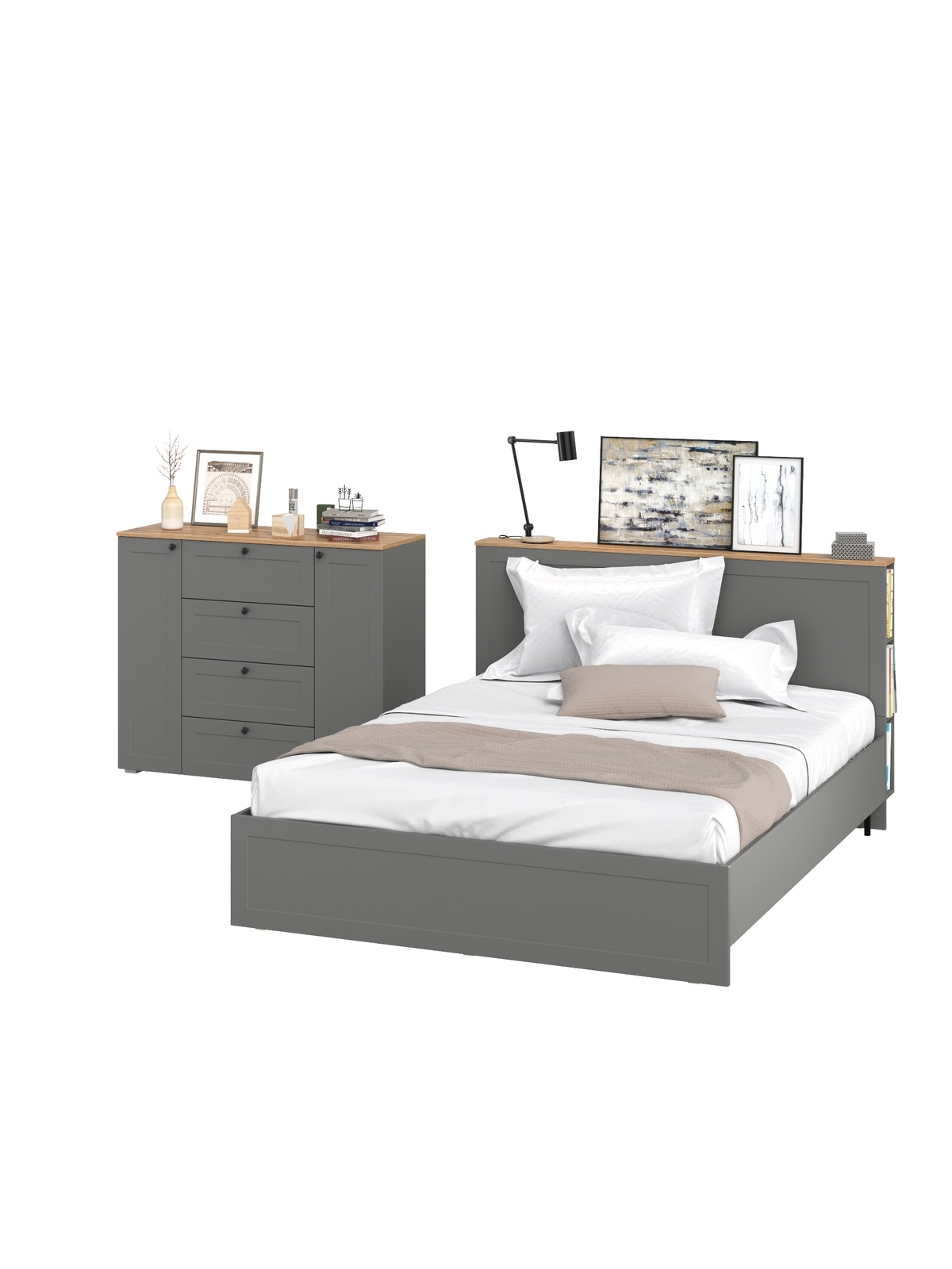 Изображение товара Кровать Mobi Остин 160x200 см с комодом цвет серый графит/дуб крафт золотой Изображение товара Кровать Mobi Остин 160x200 см с комодом цвет серый графит/дуб крафт золотой