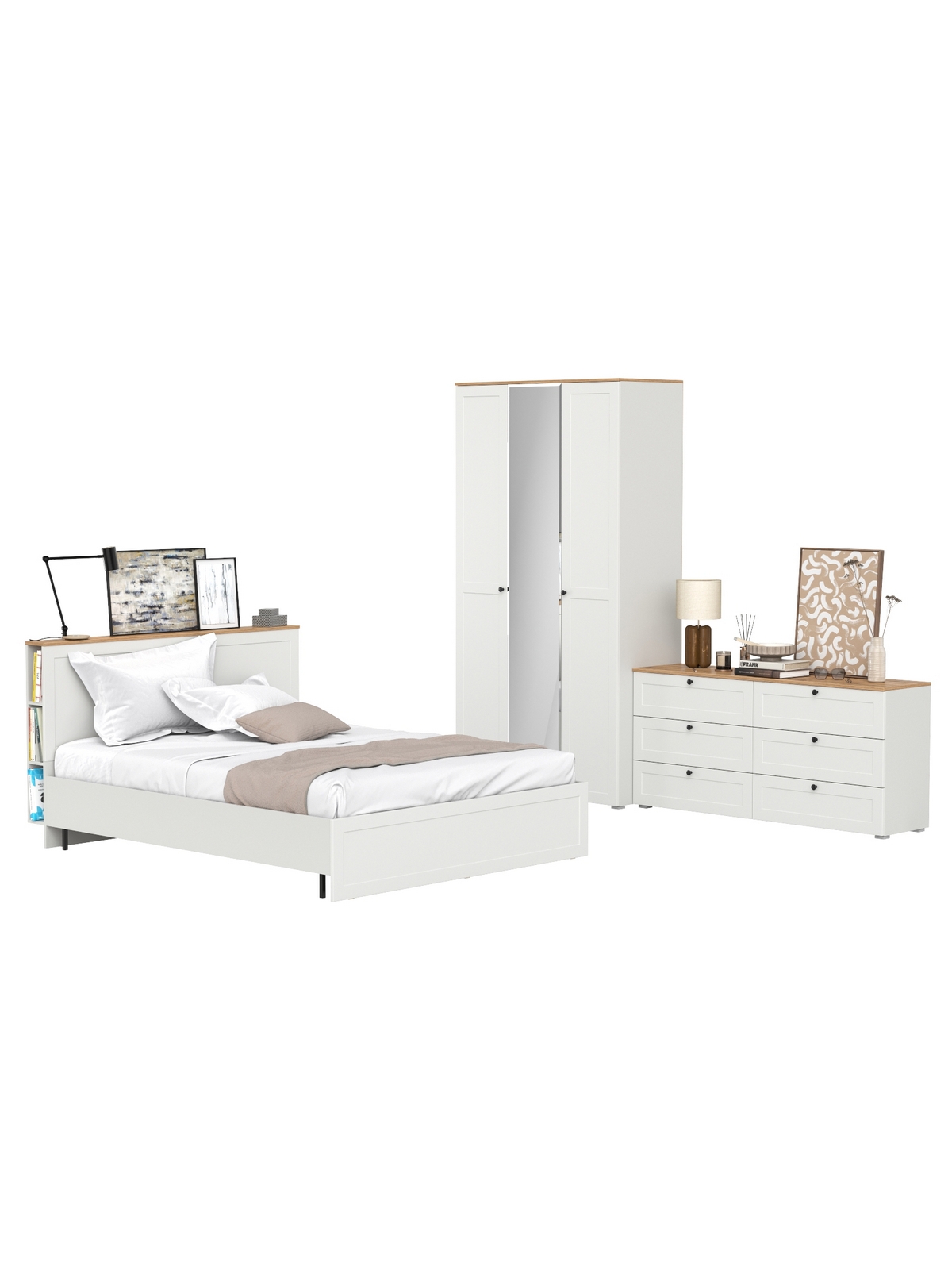 Изображение товара Спальный гарнитур Mobi Остин 160x200 см цвет белый шагрень/дуб крафт золотой