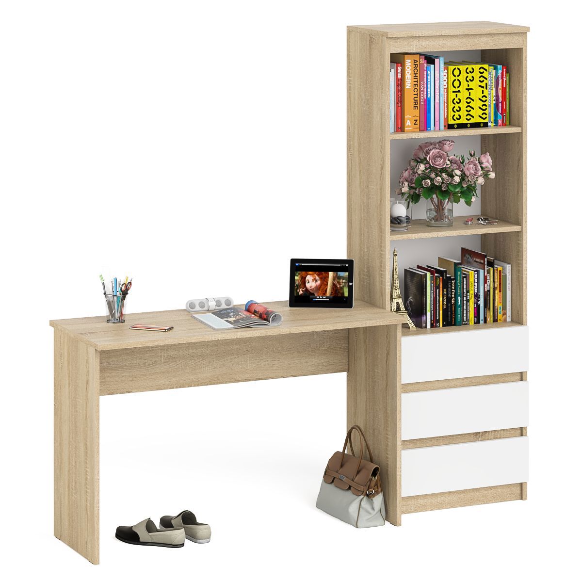 Изображение товара Письменный стол СВК Мори МСП1200.1+МСТ600.3 — дуб сонома/белый